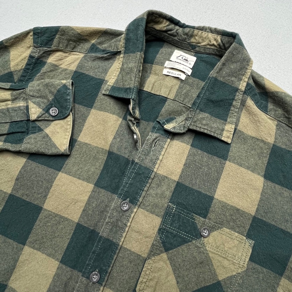 Quiksilver Mens Regular Fit Buffalo Check‎ Plaid Flannel Shirt Green Brown Small